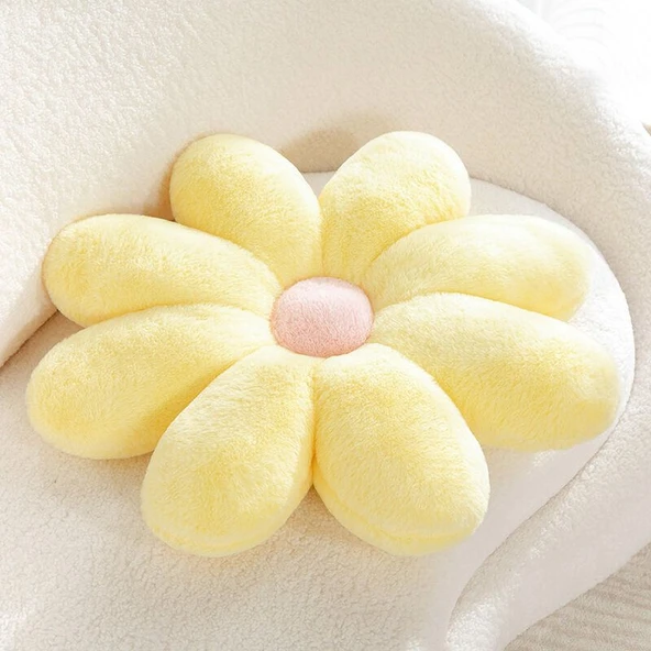 Tavşan Tüyü Sekiz Yapraklı Çiçek Peluş Yastık - Sarı - 80cm