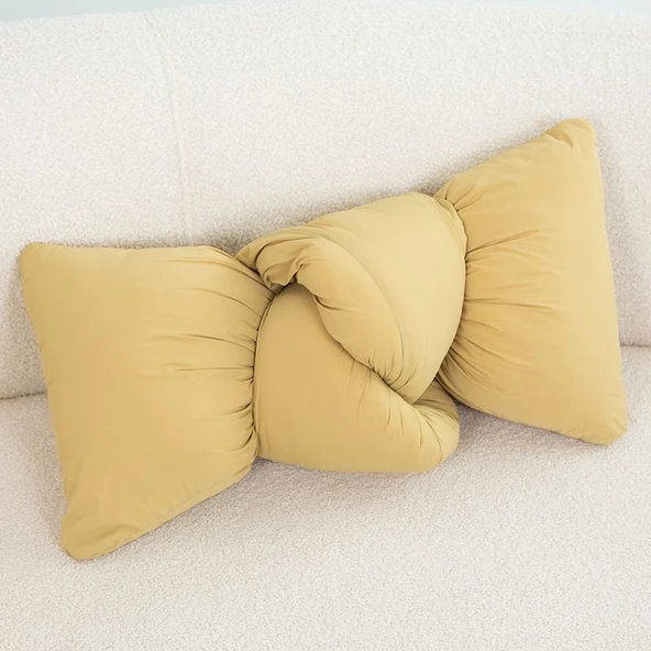 Düğüm Tasarımlı Peluş Yastık - Limon Sarısı - 50x30cm