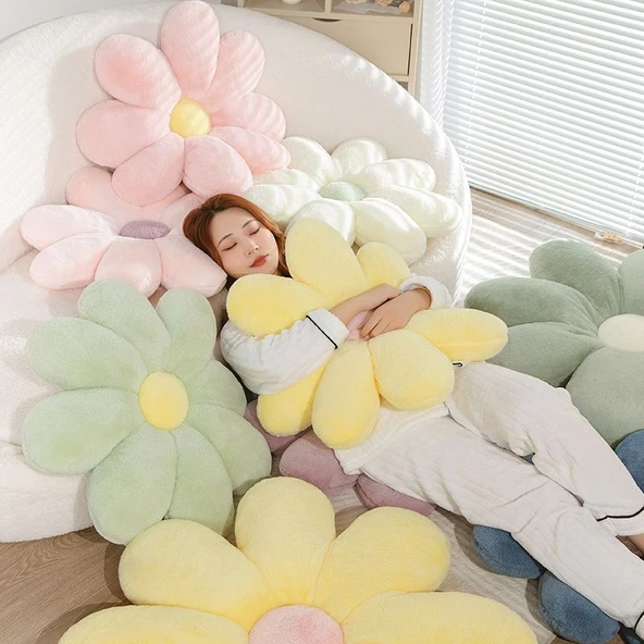 Tavşan Tüyü Sekiz Yapraklı Çiçek Peluş Yastık - Mor - 60cm - Resim 3