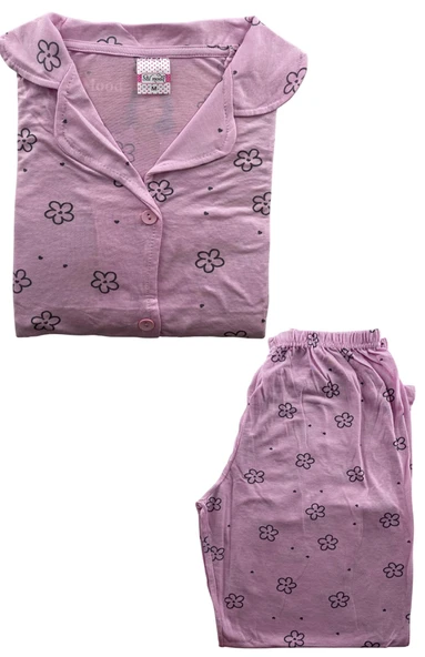 Kadın Çicek Desenli Kısa Kollu Önden Düğmeli Pijama Takım - 5362 - MRİA MD - 2