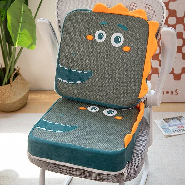 Modern Peluş Kare Yeşil Dinozor Minder + Sırt Dayama Seti - 40x40x5cm + 40x40x10cm