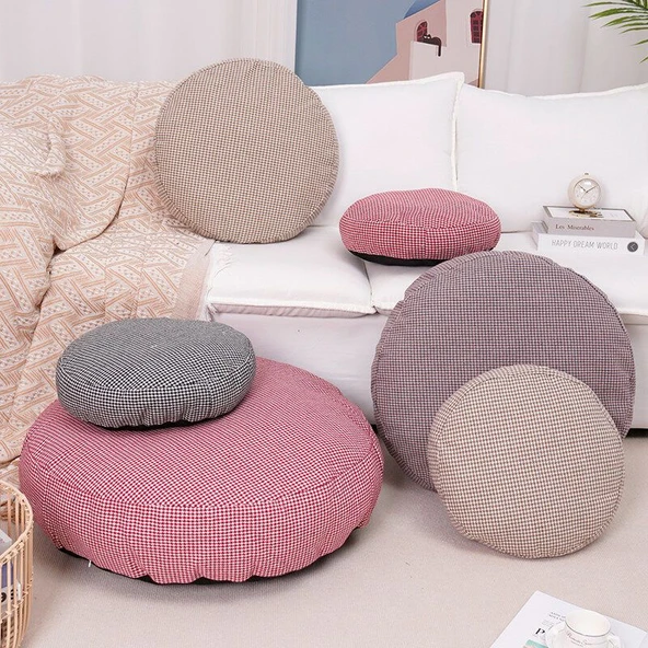 Kazayağı Desenli Pamuk Futon Minder - Pembe Gri Ekose - 50cm - 8