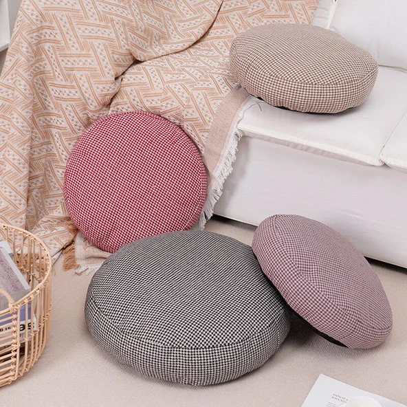 Kazayağı Desenli Pamuk Futon Minder - Pembe Gri Ekose - 60cm - 7