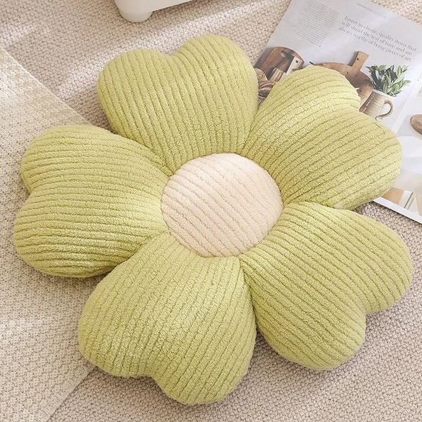 Sakura Yaprağı Peluş Minder - Çimen Yeşili Çiçek Beyaz Öz - 65cm