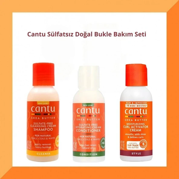 Cantu Sülfatsız Doğal Bukle Bakım Seti - 3'lü Mini Boy (89 ml)( Krem Şampuan,Nemlendirici Saç Kremi,Bukle Belirginleştirici Krem)