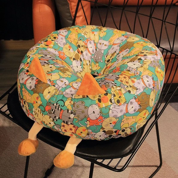 Baskılı Puf Minder Koltuk Peluş Oyuncak - Renkli Kedi 48x48cm