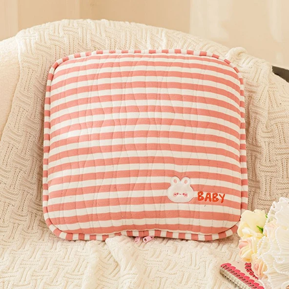 Pamuklu Hava Katmanlı Çizgili Kare Klima Battaniyesi - Pembe Tavşan Kışlık 38x38cm