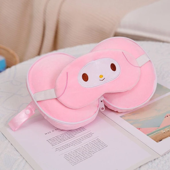 Peluş Göz Maskesi Boyun Yastığı - Pembe Tavşan - 30x15cm