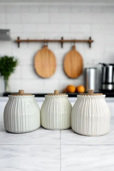 3'Lü Papatya Desen Ahşap Kapaklı Kahve,Çay,Şeker,Tuz Baharatlık,Saklama Kabı,Kavanoz