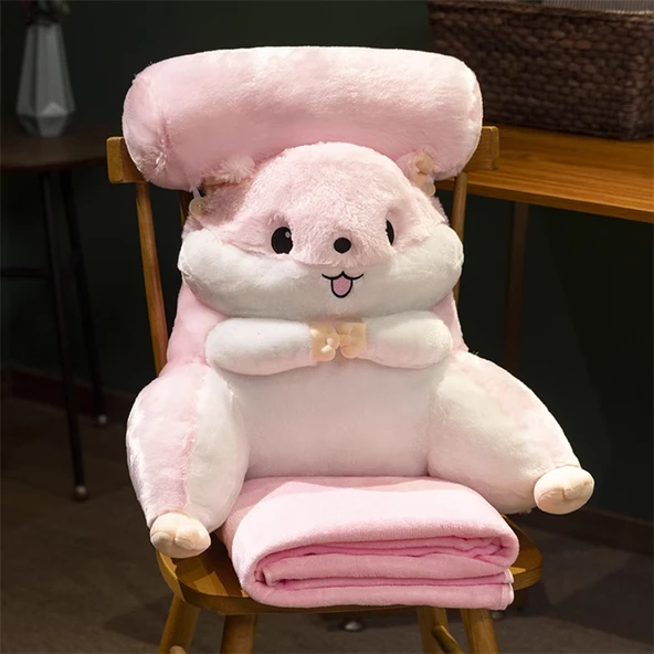 Peluş Bel Destek Minderi - Pembe Mutlu + Battaniye 55*60cm/100*170cm