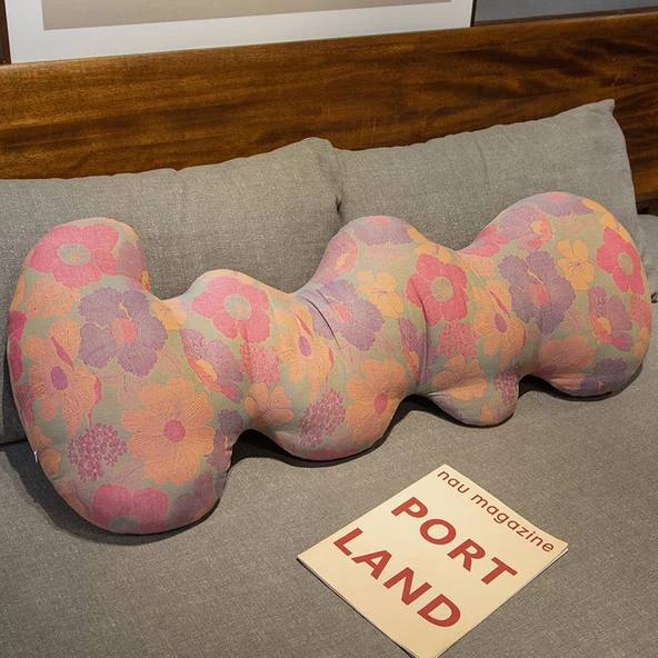 Çiçek Desenli L Şeklinde Dekoratif Yastık - Pembe Çiçekli - 100cm