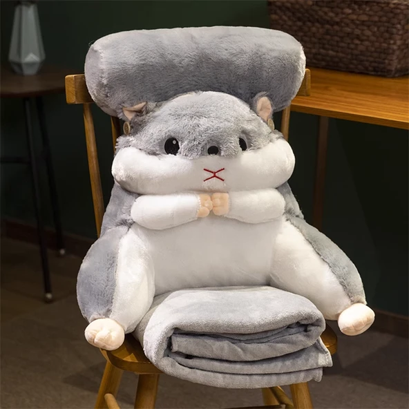 Peluş Bel Destek Minderi - Gri + Battaniye 55*60cm/100*170cm