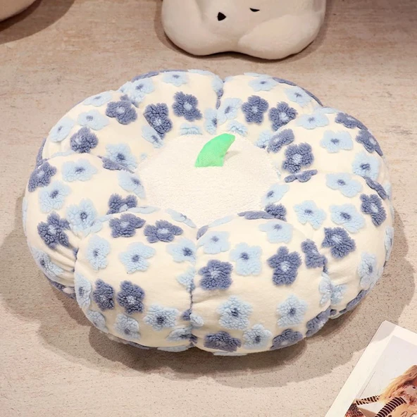 Çiçek Şekilli Kuzu Yünü Puf Minder - Açık Mavi - 45cm