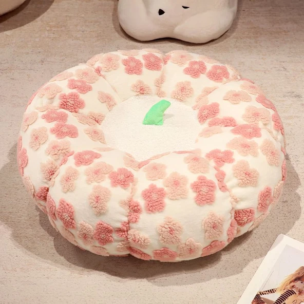 Çiçek Şekilli Kuzu Yünü Puf Minder - Pembe - 45cm