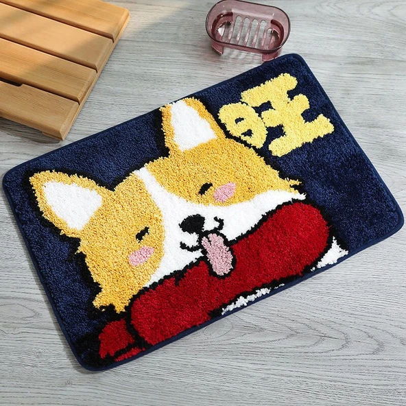 Sevimli Çizgi Film Hayvan Serisi Havlu Paspas - Shiba Inu - 40x60cm
