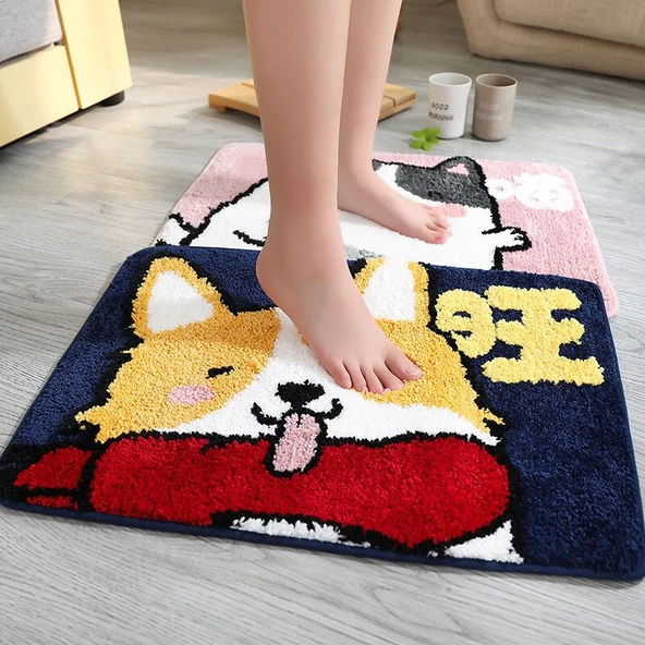 Sevimli Çizgi Film Hayvan Serisi Havlu Paspas - Shiba Inu - 40x60cm - 10