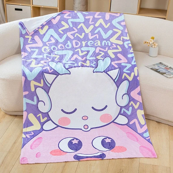 Tek Katlı Renkli Rüya Desenli Flanel Battaniye - 95x160 cm