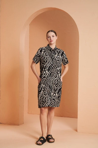 Pjs Kadın Gömlek Yaka Önden Düğmeli Kısa Kol Viskon Elbise - 2