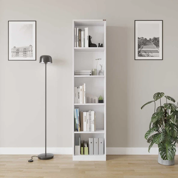 Modern 5 Raflı Kitaplık - Beyaz 43x182x26 cm