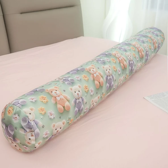 5D Buz İpek Silindir Uzun Yastık - Yeşil Ayı - 80cm