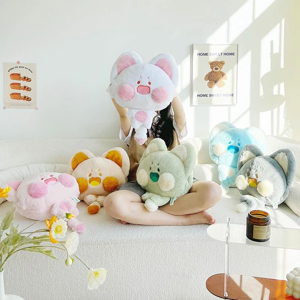 3'ü 1 Arada Dudu Miyav El Isıtıcılı Yastık Battaniye - Pembe Beyaz Rengi - 38*35cm/1.8m - 9