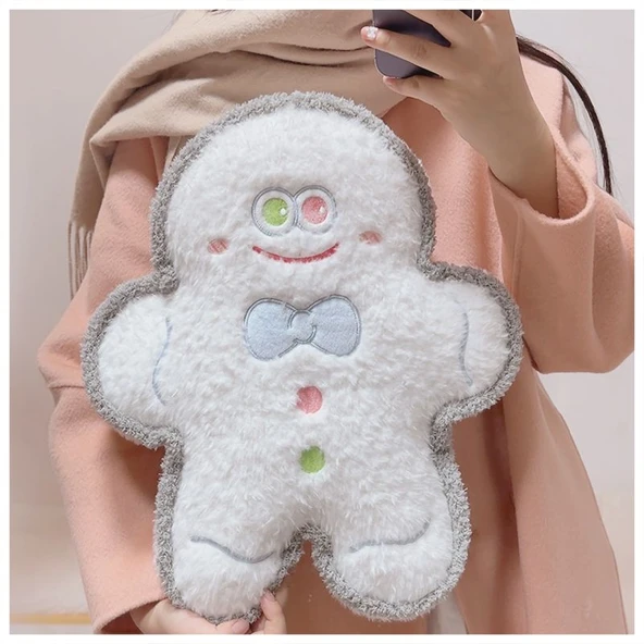 Noel Peluş Yastık - Beyaz Zencefilli Kurabiye Adam Büyük 39*33cm