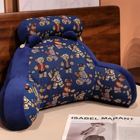 Polyester Pamuk Jakarlı Bel Destek Yastığı - Mavi Ayı Desenli 60*40cm