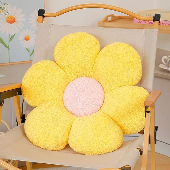 Kadife Papatya Çiçek Yastık - Kaz Sarısı - 40cm