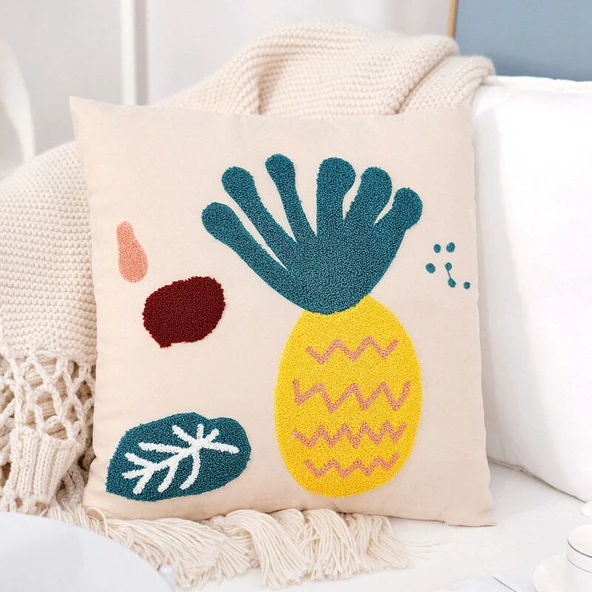 Ananas Desenli Nakışlı Peluş Yastık - 45cm