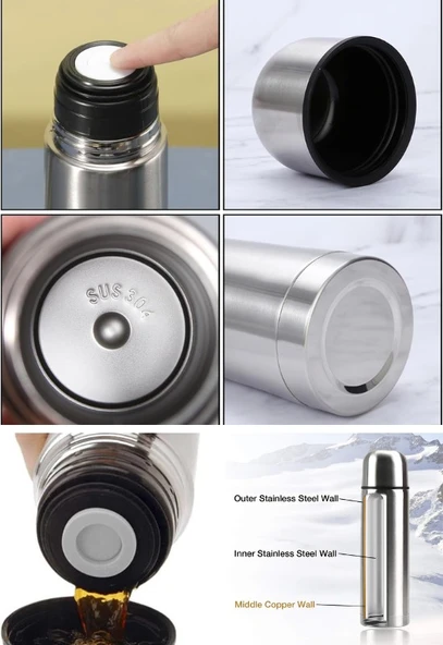 1 Lt Çift Katmanlı SUS 304 Çelik İnox Termos,Süt-Mama-Kamp-Piknik Termosu 12 Saate Kadar Sıcak Soğuk - 4