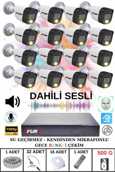 FURY 16 LI Sesli Gece Renkli Görüş Güvenlik Kamerası Su Geçirmez Güvenlik Kamerası Seti 500GB ürün görseli