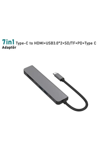 Aksesuarcı 7in1 Macbook Pro Huawei Dell Uyumlu Type-C To 4K Hdmi+Usb3.0+SD/TF+PD Taşınabilir Adaptör - 3