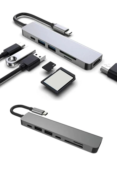 Aksesuarcı 7in1 Macbook Pro Huawei Dell Uyumlu Type-C To 4K Hdmi+Usb3.0+SD/TF+PD Taşınabilir Adaptör