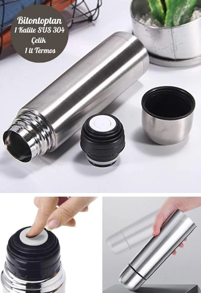 1 Lt Çift Katmanlı SUS 304 Çelik İnox Termos,Süt-Mama-Kamp-Piknik Termosu 12 Saate Kadar Sıcak Soğuk - 2
