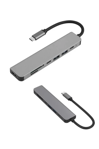 Aksesuarcı 7in1 Macbook Pro Huawei Dell Uyumlu Type-C To 4K Hdmi+Usb3.0+SD/TF+PD Taşınabilir Adaptör - 6