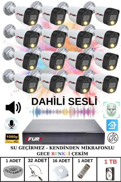 FURY 16 LI Sesli Gece Renkli Görüş Güvenlik Kamerası Su Geçirmez Güvenlik Kamerası Seti 1TB ürün görseli