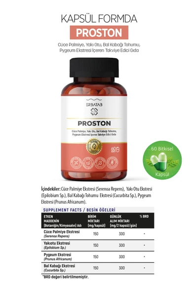 Erbatab Proston (Cüce Palmiye- Yakı Otu - Bal Kabağı Tohumu- Pygeum Ekstresi) 60 Kapsül - 7
