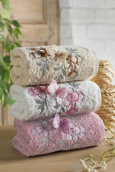 3'lü Lüks %100 Pamuklu Mutfak Havlusu Seti 3D Kelebek Aplikeli 30x50 Cm - 4