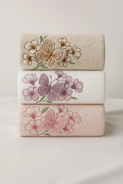 3'lü Lüks %100 Pamuklu Mutfak Havlusu Seti 3D Kelebek Aplikeli 30x50 Cm - 2
