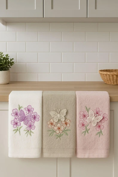 3'lü Lüks %100 Pamuklu Mutfak Havlusu Seti 3D Kelebek Aplikeli 30x50 Cm - 3