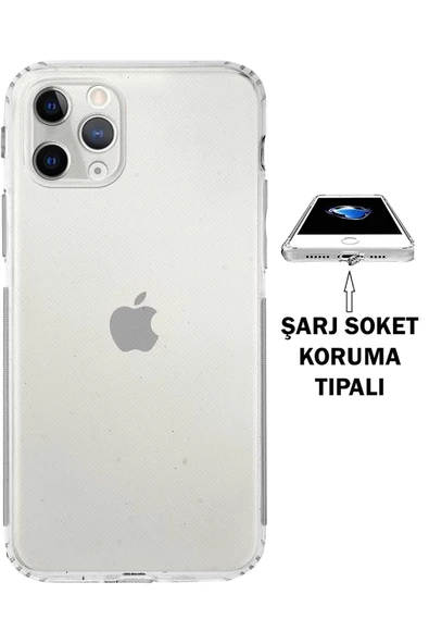 EVAX (TIPALI ŞEFFAF) Iphone 11 Pro Max Kamera Koruyuculu Şarj Yeri Tıpalı Yumuşak Şeffaf Silikon Kılıf