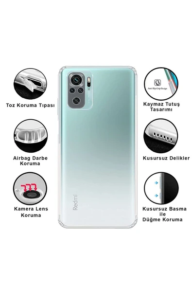 EVAX (TIPALI ŞEFFAF) Xiaomi Redmi Note 10 Kamera Koruyuculu Şarj Yeri Tıpalı Yumuşak Şeffaf Silikon Kılıf - 2