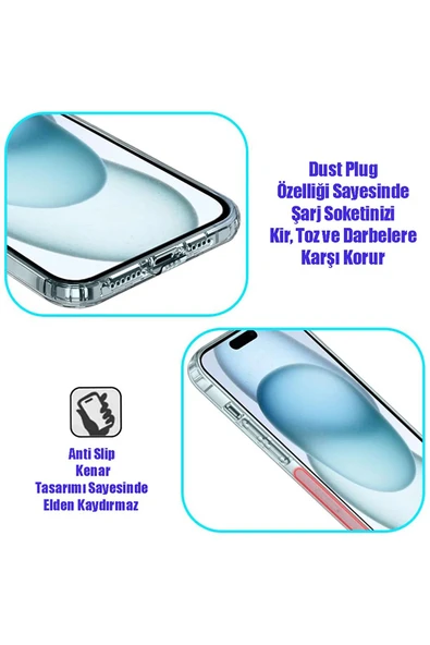 EVAX  (TIPALI ŞEFFAF) Iphone 15 Kamera Koruyuculu Şarj Yeri Tıpalı Yumuşak Şeffaf Silikon Kılıf - 3