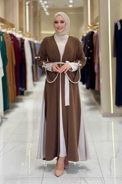 Fiyonk Detaylı Abaya Elbise Takım 3955 Kahverengi