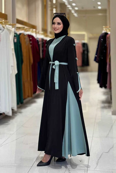 Fiyonk Detaylı Abaya Elbise Takım 3955 Siyah-Mint - Resim 3