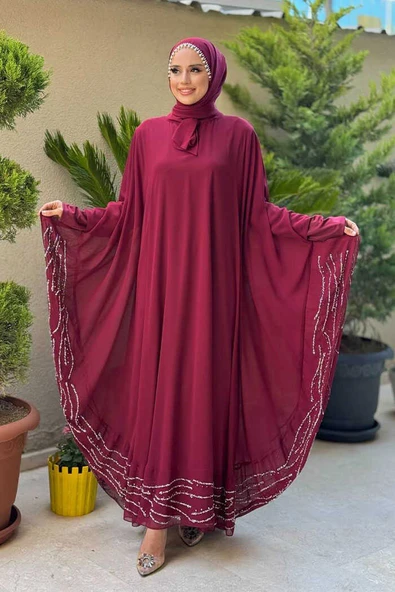 Taş Detaylı Abayalı Elbise Takım 3927 Bordo