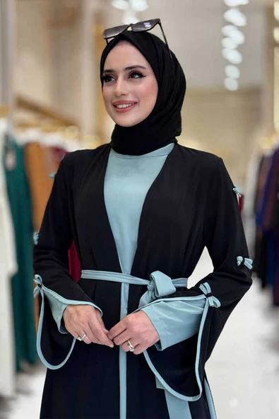 Fiyonk Detaylı Abaya Elbise Takım 3955 Siyah-Mint - Resim 4