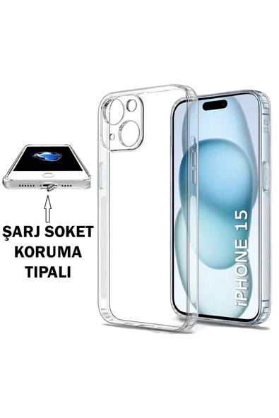 EVAX  (TIPALI ŞEFFAF) Iphone 15 Kamera Koruyuculu Şarj Yeri Tıpalı Yumuşak Şeffaf Silikon Kılıf