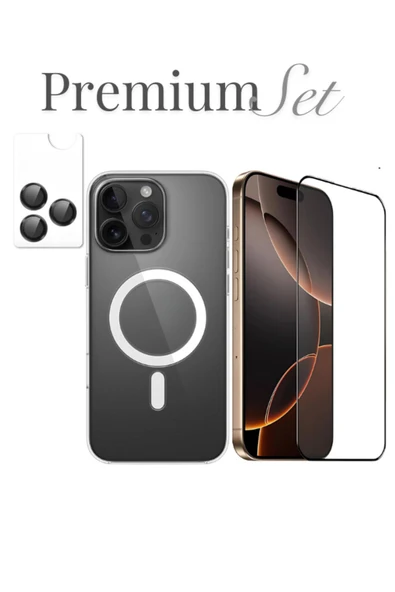 EVAX  (PREMIUM SET) 16 Pro Max Uyumlu Armor Tam Ekran Koruyucu + (IC) MagSafe Kılıf + Armor Lens Koruyucu