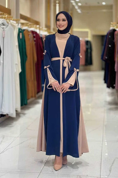 Fiyonk Detaylı Abaya Elbise Takım 3955 Lacivert